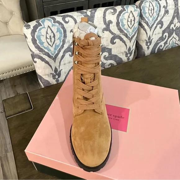 NIB Kate Spade New York Shearling Lined Lug Sole Suede Boots Tan 6, 6.5, 7.5, 10