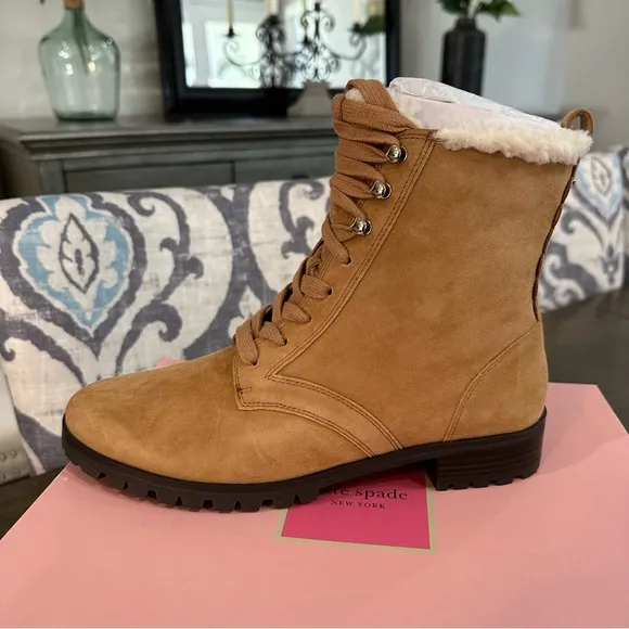NIB Kate Spade New York Shearling Lined Lug Sole Suede Boots Tan 6, 6.5, 7.5, 10