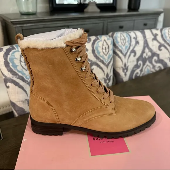 NIB Kate Spade New York Shearling Lined Lug Sole Suede Boots Tan 6, 6.5, 7.5, 10