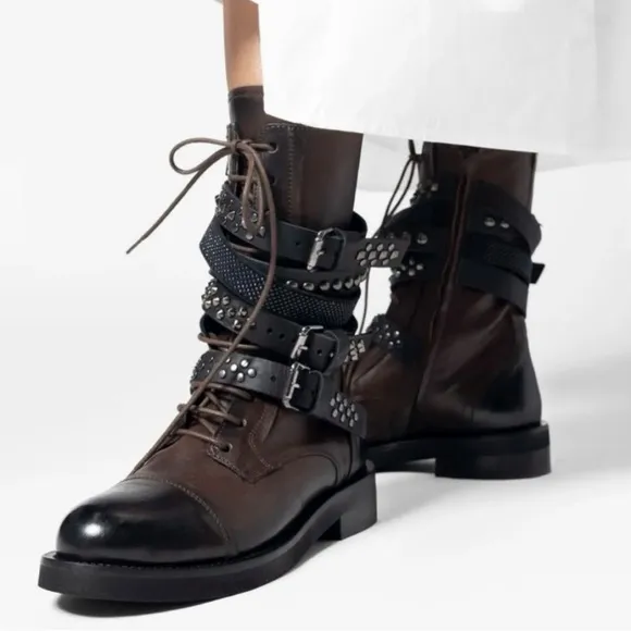NIB Mimmu Brown Ruby Studded Combat Boots Size 39