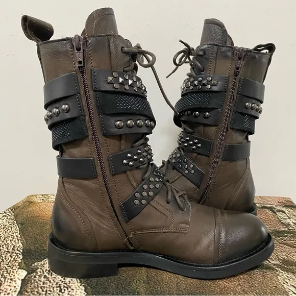 NIB Mimmu Brown Ruby Studded Combat Boots Size 39