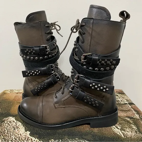 NIB Mimmu Brown Ruby Studded Combat Boots Size 39