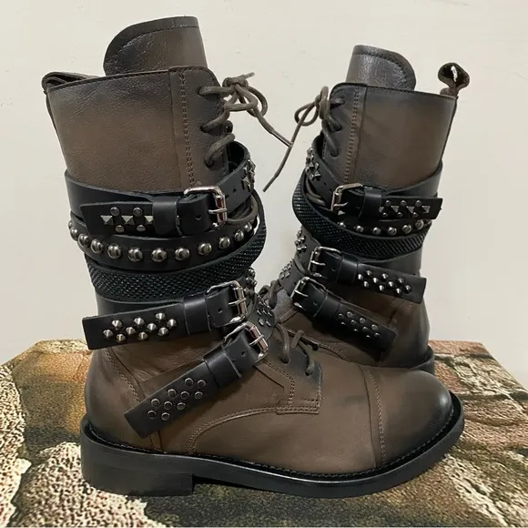 NIB Mimmu Brown Ruby Studded Combat Boots Size 39