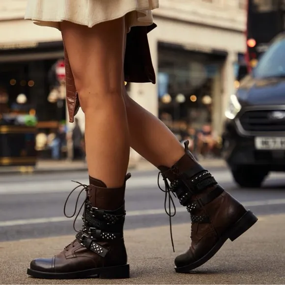 NIB Mimmu Brown Ruby Studded Combat Boots Size 39