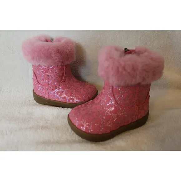 NIB UGG Girls Infant Metallic‎ Pink Leopard Shearling Boots Booties 2/3