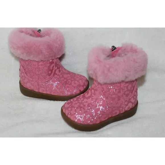 NIB UGG Girls Infant Metallic‎ Pink Leopard Shearling Boots Booties 2/3