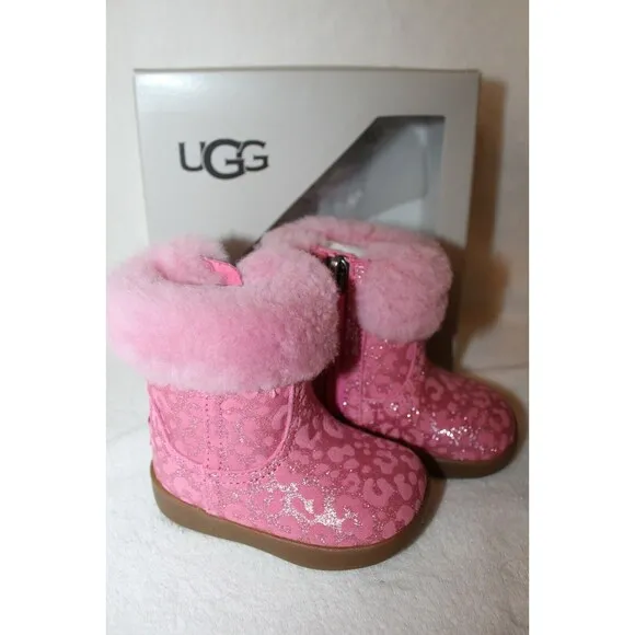 NIB UGG Girls Infant Metallic‎ Pink Leopard Shearling Boots Booties 2/3