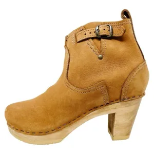 No. 6 Leather Clog Buckle Boot High Heel Brown Tan Handmade Women’s Shoes