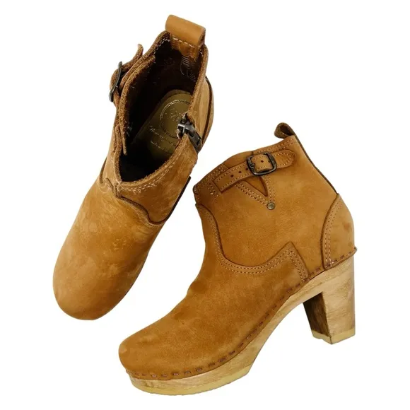 No. 6 Leather Clog Buckle Boot High Heel Brown Tan Handmade Women’s Shoes