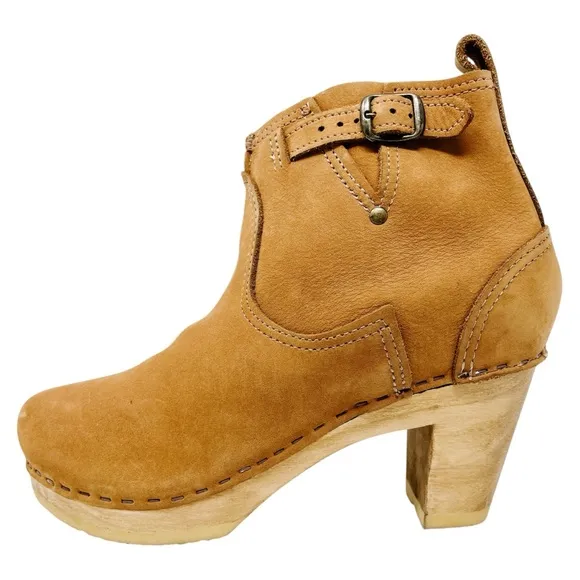 No. 6 Leather Clog Buckle Boot High Heel Brown Tan Handmade Women’s Shoes