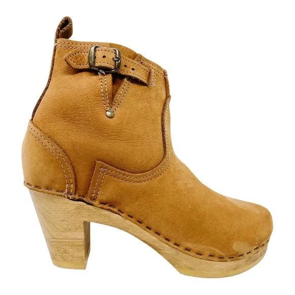 No. 6 Leather Clog Buckle Boot High Heel Brown Tan Handmade Women’s Shoes
