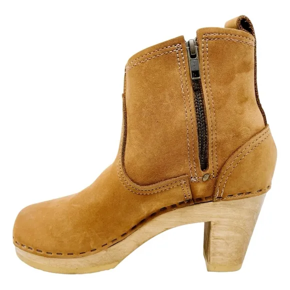 No. 6 Leather Clog Buckle Boot High Heel Brown Tan Handmade Women’s Shoes