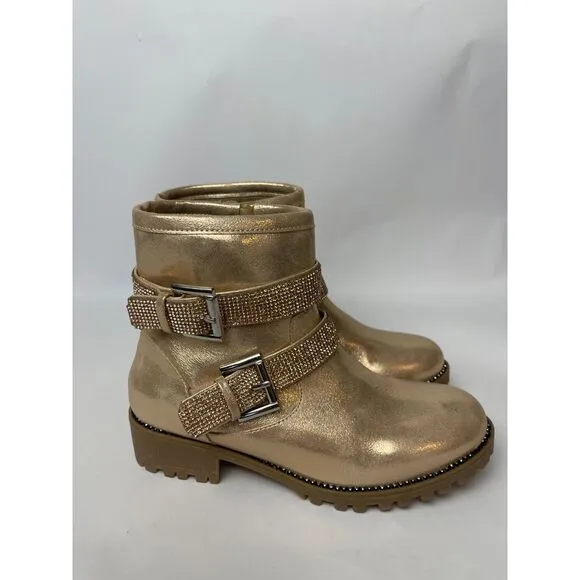 NWOB Dolce Vita Gold Glitter Strap Ankle Boots with Buckle - Size 3, Lug Sole