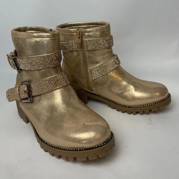 NWOB Dolce Vita Gold Glitter Strap Ankle Boots with Buckle - Size 3, Lug Sole