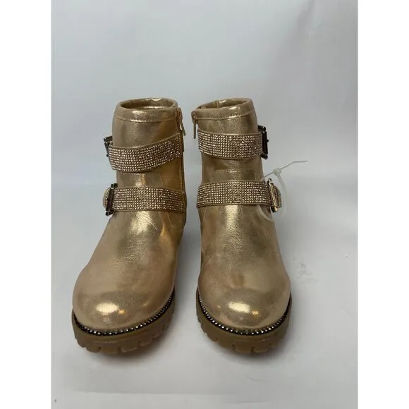 NWOB Dolce Vita Gold Glitter Strap Ankle Boots with Buckle - Size 3, Lug Sole