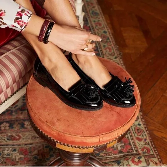 NWOT Sezane Black Patent Leather Fringed Loafers Shoes size 41