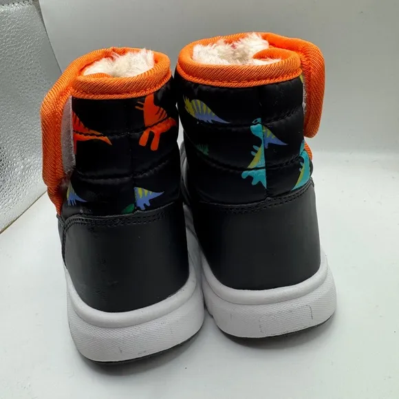 NWOT Toddler 6 Boys Black and Orange Dinosaur Winter Snow Boots w Velcro Closure