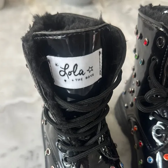 NWOT:Sold Out Highly Wanted Lola Black High-Top Rainbow Boots with Glossy Finish