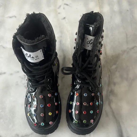 NWOT:Sold Out Highly Wanted Lola Black High-Top Rainbow Boots with Glossy Finish