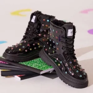 NWOT:Sold Out Highly Wanted Lola Black High-Top Rainbow Boots with Glossy Finish