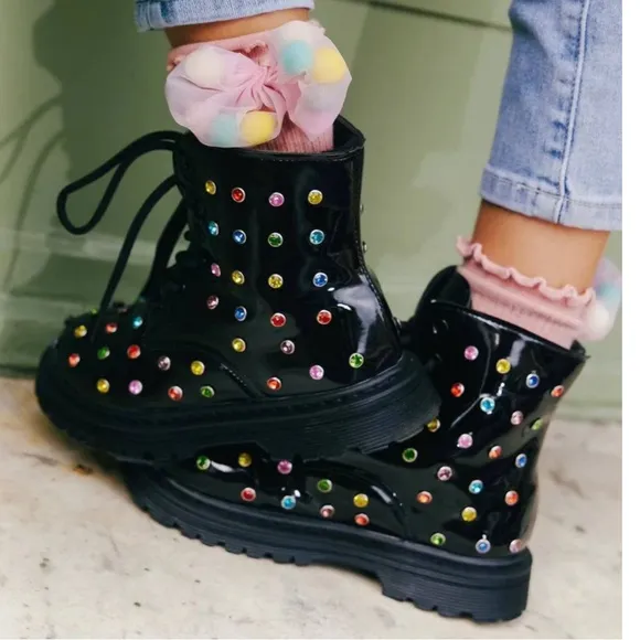 NWOT:Sold Out Highly Wanted Lola Black High-Top Rainbow Boots with Glossy Finish