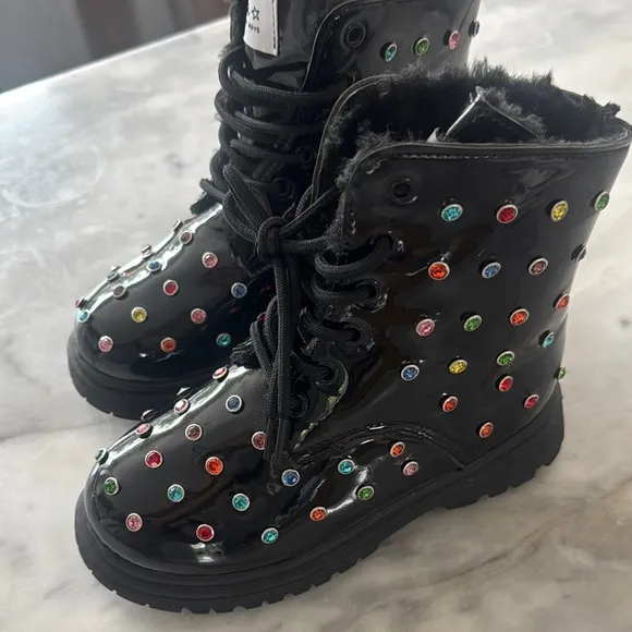 NWOT:Sold Out Highly Wanted Lola Black High-Top Rainbow Boots with Glossy Finish