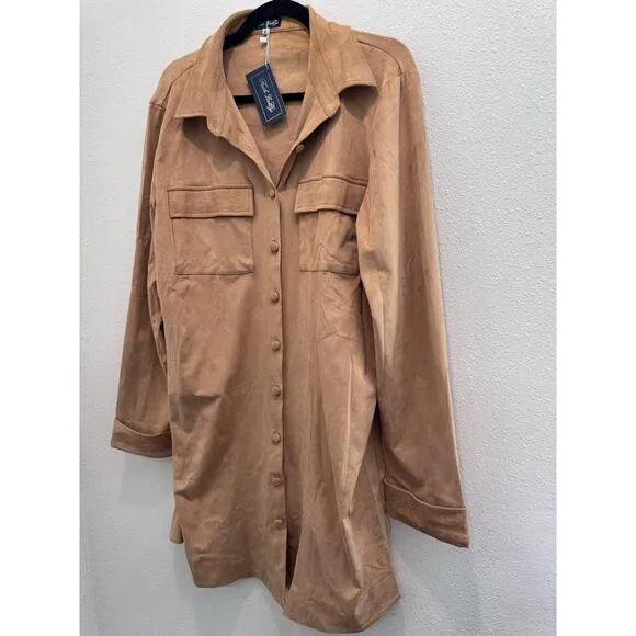 NWT Boutique Trish Scully Faux Suede Tan Button Down Dress Size 12