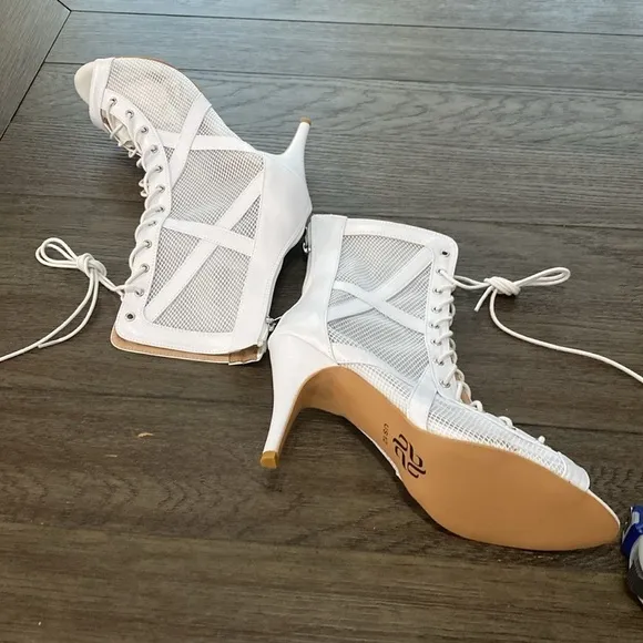NWT BURJU Xiomara Open Toe Cross Design Fishnet Mesh Ankle Boots | White 12