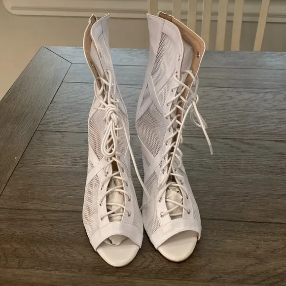 NWT BURJU Xiomara Open Toe Cross Design Fishnet Mesh Ankle Boots | White 12