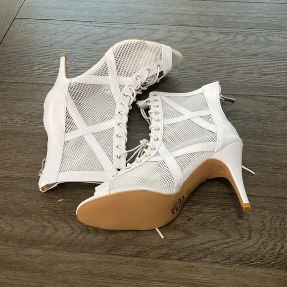 NWT BURJU Xiomara Open Toe Cross Design Fishnet Mesh Ankle Boots | White 12