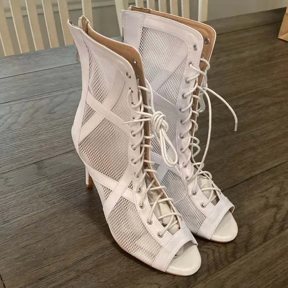 NWT BURJU Xiomara Open Toe Cross Design Fishnet Mesh Ankle Boots | White 12