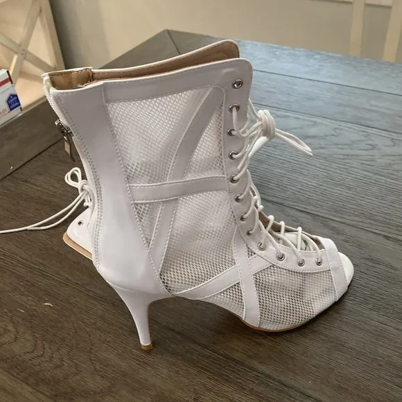 NWT BURJU Xiomara Open Toe Cross Design Fishnet Mesh Ankle Boots | White 12