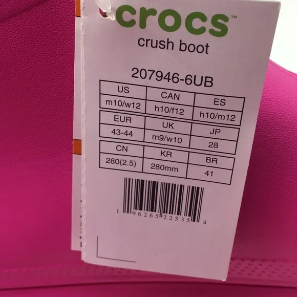 NWT Crocs Classic Crush Rain Boots Shoes Pink men’s 10 women’s 12