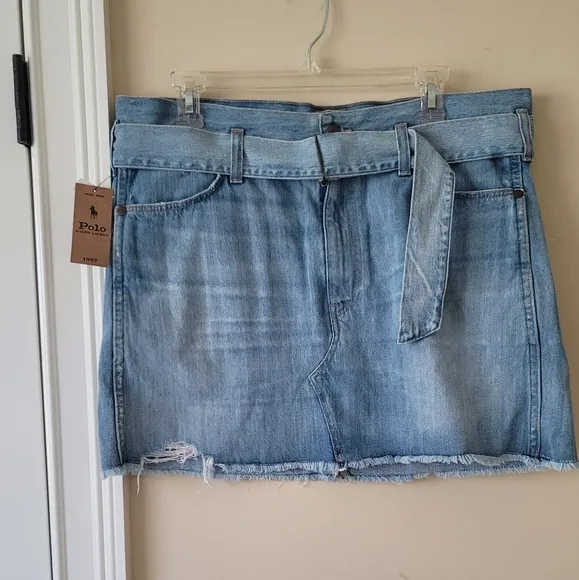 NWT Polo Ralph Lauren Distressed Frayed Belted Blue Cotton Denim Mini Mid Skirt