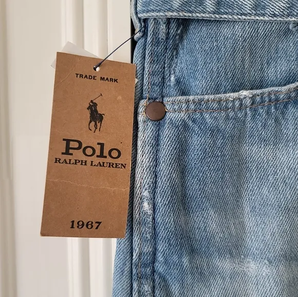NWT Polo Ralph Lauren Distressed Frayed Belted Blue Cotton Denim Mini Mid Skirt
