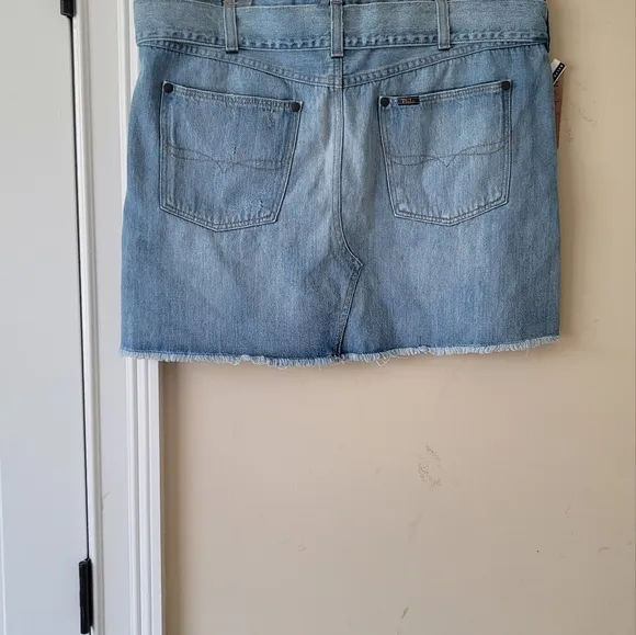 NWT Polo Ralph Lauren Distressed Frayed Belted Blue Cotton Denim Mini Mid Skirt