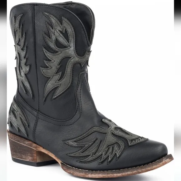 NWT Roper Wmn's Amelia Eagle Overlay Black &amp; Grey Western Cowgirl Snip Toe Boots