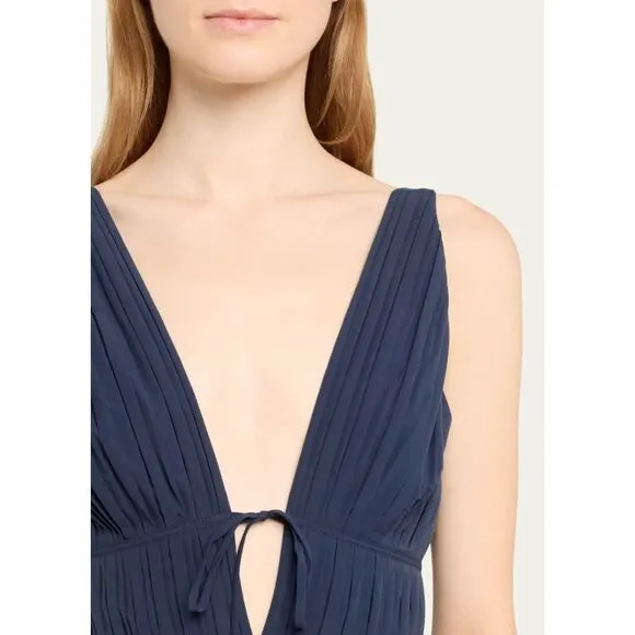 NWT Simkhai Stephanie Deep V-Neck Pleated Sleeveless Midi Dress Blue Size 6 $595
