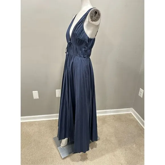 NWT Simkhai Stephanie Deep V-Neck Pleated Sleeveless Midi Dress Blue Size 6 $595