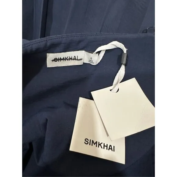 NWT Simkhai Stephanie Deep V-Neck Pleated Sleeveless Midi Dress Blue Size 6 $595