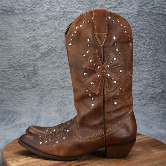 Oak Tree Farms Brown Leather Studded Mid-Calf Western Boots - Women's Sz 7.5