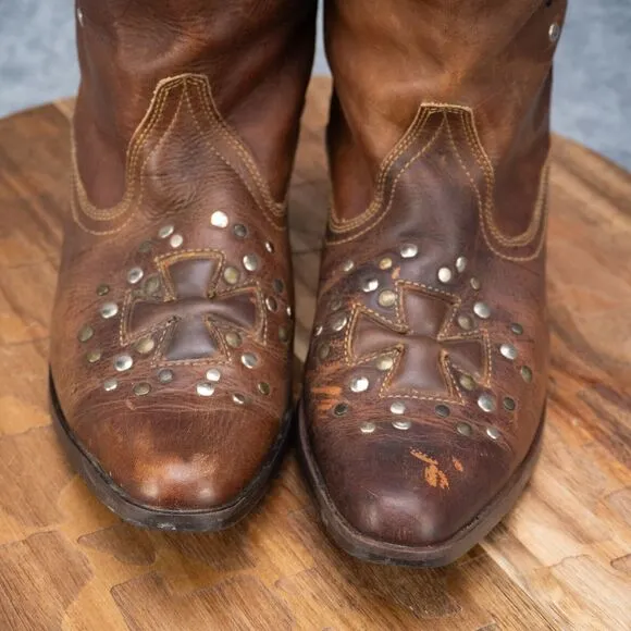 Oak Tree Farms Brown Leather Studded Mid-Calf Western Boots - Women's Sz 7.5