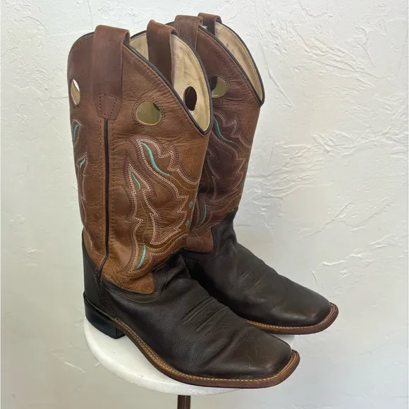 OLD WEST Broad Square Toe Western Cowboy Boots Brown Tan Leather‎ Cowgirl 6