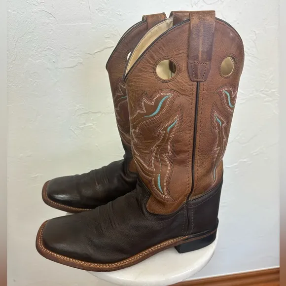 OLD WEST Broad Square Toe Western Cowboy Boots Brown Tan Leather‎ Cowgirl 6