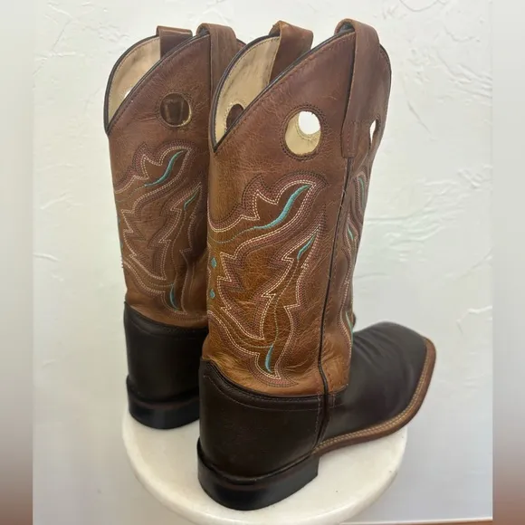 OLD WEST Broad Square Toe Western Cowboy Boots Brown Tan Leather‎ Cowgirl 6
