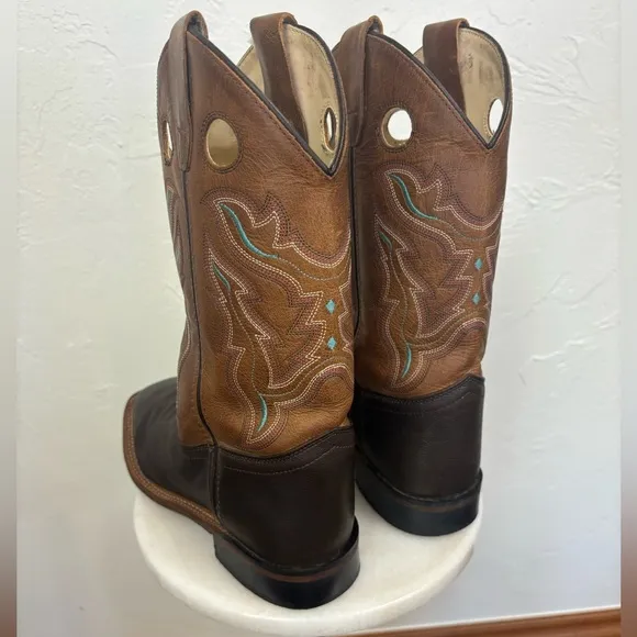 OLD WEST Broad Square Toe Western Cowboy Boots Brown Tan Leather‎ Cowgirl 6