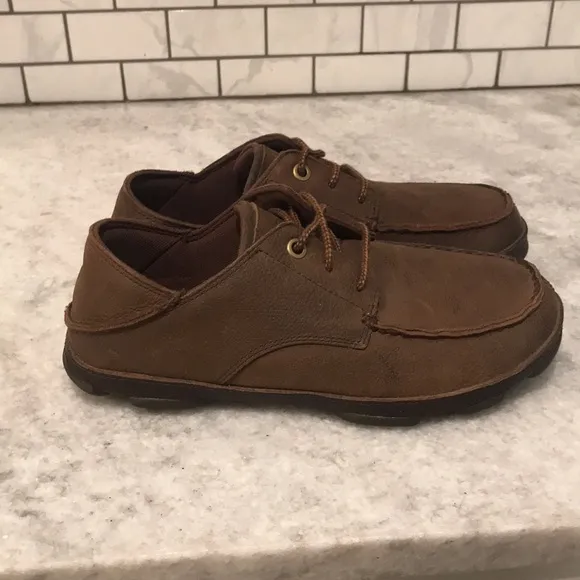 OLUKAI Leather Shoes Mens 8 Brown Dark Wood Hamakua Poko Comfort Casual Oxford