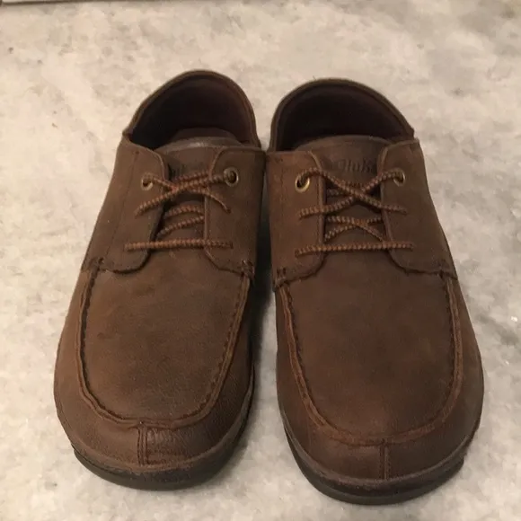 OLUKAI Leather Shoes Mens 8 Brown Dark Wood Hamakua Poko Comfort Casual Oxford