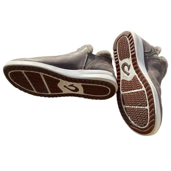 OluKai Malua Hulu Warm Taupe Off White Winter Shearling Lined Slip On Boots 7.5