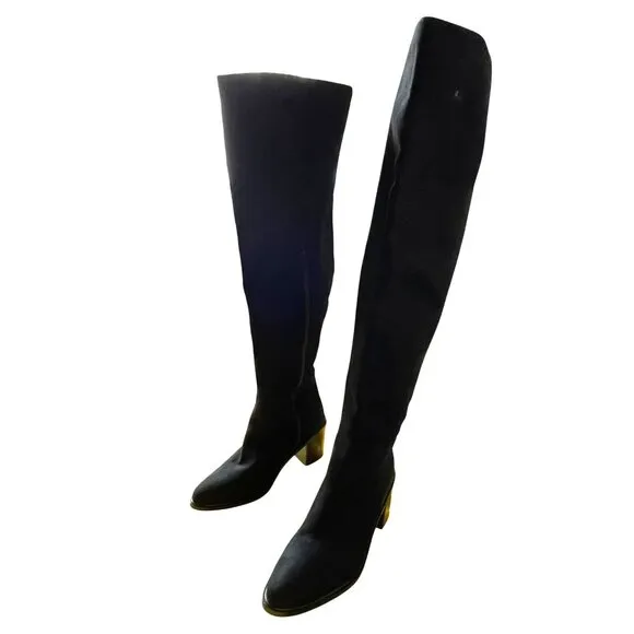 Over-The-Knee Black Fabric Boots With Block Heel Size 7.5 NEW